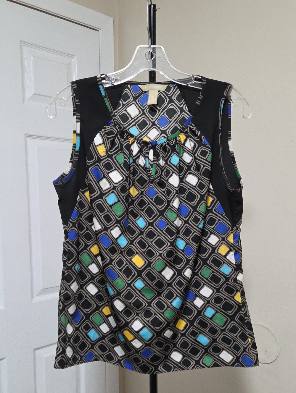 Banana Republic Geometric Print Top in Black with Blue, Green & Yellow Accents